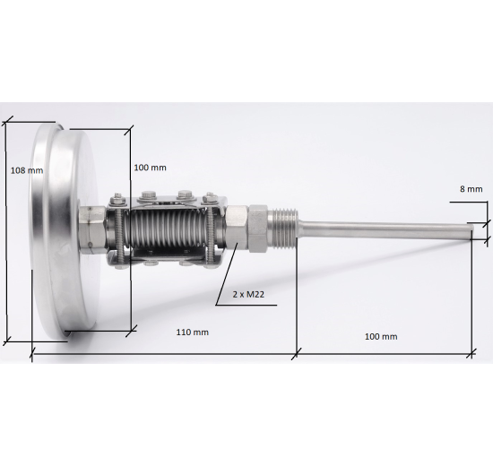 Celonerezový bimetalový teploměr s ponorným dříkem, závitový, úhlový přípoj