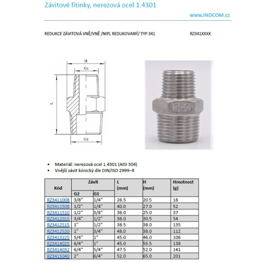 Redukce závitová VNĚVNĚ nipl redukovaný  typ 341 katalogový list