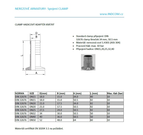 Clamp hadicový adaptér krátký