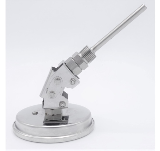 Celonerezový bimetalový teploměr s ponorným dříkem, závitový, úhlový přípoj