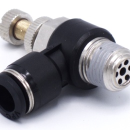 Škrticí ventil jednosměrný, nástrčný, škrcení na výstupu, tvar L