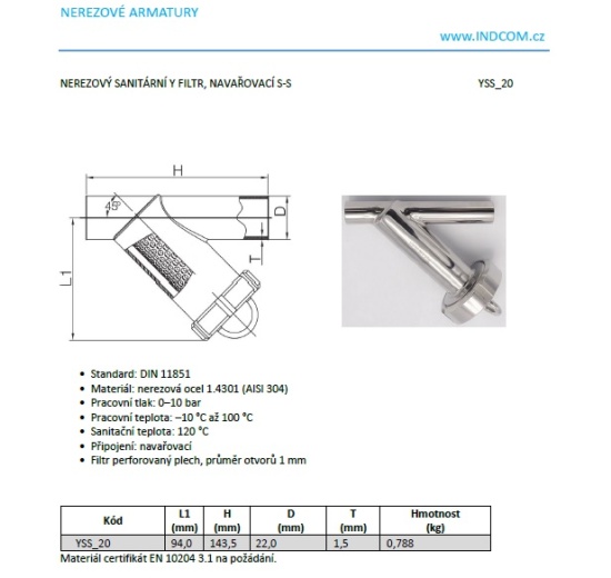 Nerezový sanitární Y filtr navařovací S-S