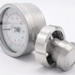 Tlakoměr s oddělovací membránou, potravinářské šroubení DIN 11851, číselník 100 mm,matice DN25, -1/1,5 bar