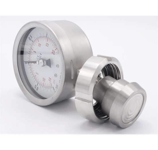 Tlakoměr s oddělovací membránou, potravinářské šroubení DIN 11851, číselník 100 mm,matice DN25, -1/1,5 bar