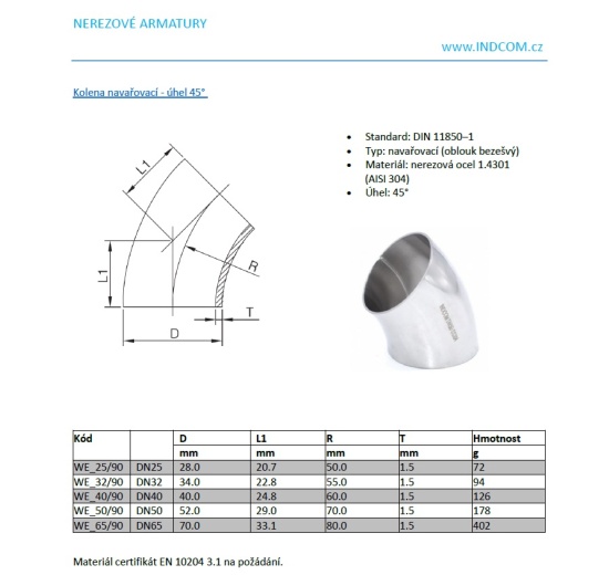 Koleno navařovací 45° DN32 (34x1,5mm)