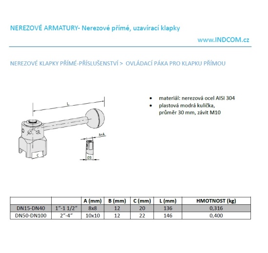 nerezové klapky přímé - příslušenství ovládací páka pro klapku přímou - rozměry