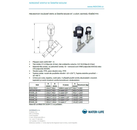 ventil se šikmým sedlem pneumaticky ovládaný - rozměry a data
