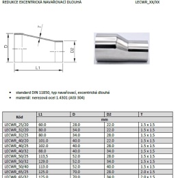 Redukce excentrické navařovací, dlouhé, nerez