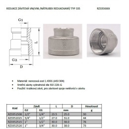 Redukce závitová VNIVNI nátrubek redukovaný typ 335_katalogový list