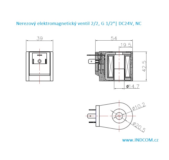 Nerezový elektromagnetický ventil 2/2, G 1/2", AC230V, NC