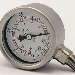 Celonerezový tlakoměr se spodním připojením - závit 1/4”, rozsah -1 až 0 bar