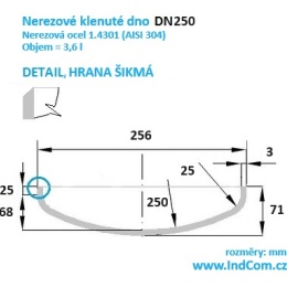 Nerezové klenuté dno| DN250 (256x3 mm), šikmá hrana