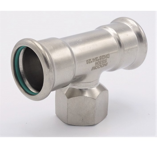 T-kus, lisovací F/F(závit vnitřní)/F 28_3/4"_28, nerezová ocel