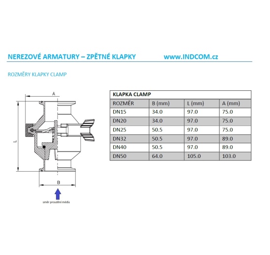 zpětná klapka CLAMP DIN 32676 rozměry