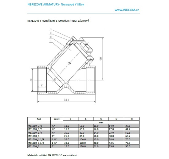 Y filtr nerezový závitový_katalogový list
