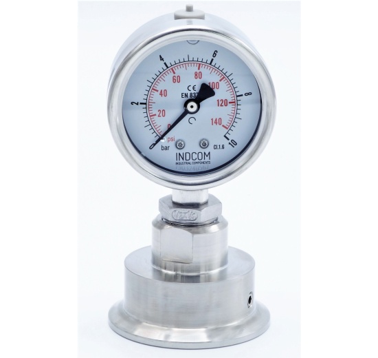 celonerezový tlakoměr s oddělovací membránou, číselník 63 mm, clamp, límeček 64 mm, 0-10 bar