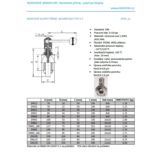 Nerezová klapka přímá, navařovací typ S-S | DN40 (40x1.5mm)