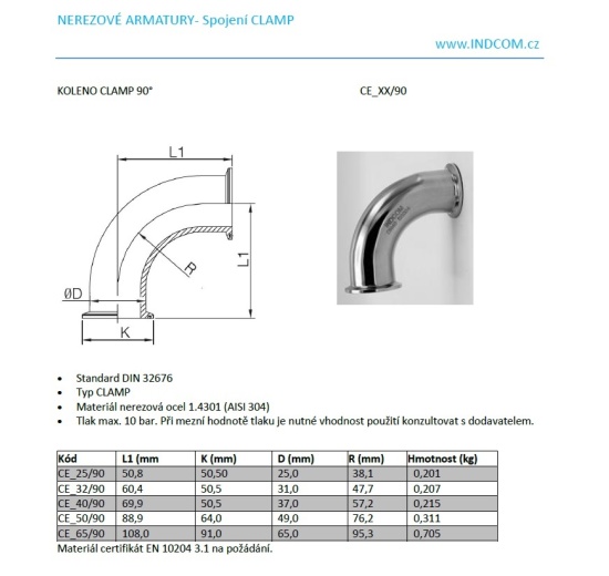Kolena spojení CLAMP  úhel 90° Potrubní spoje v potravinářském a nápojovém průmyslu
