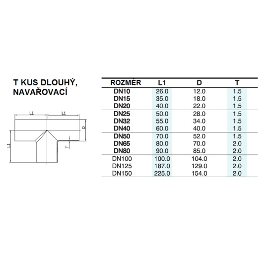 rozměry T kus dlouhý, navařovací DN40 (40x1,5mm)