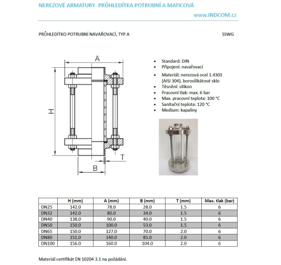 Průhledítko potrubní, navařovací S-S, typ A