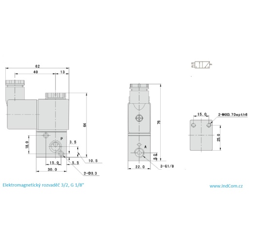 Elektromagnetický rozvaděč 3/2, G 1/8", DC24V
