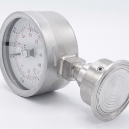 Celonerezový tlakoměr s oddělovací membránou, 100mm rozsah -1/1,5 bar, (CLAMP límeček-64mm)