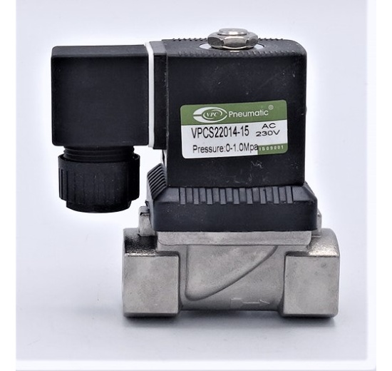 Nerezový elektromagnetický ventil 2/2, G 1/2", AC230V, NC, přímo řízený