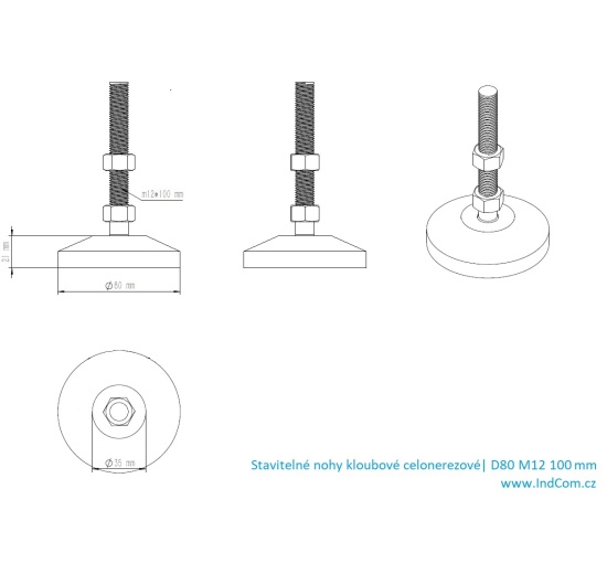 Stavitelné nohy kloubové celonerezové| D80 M12 100 mm_rozměry