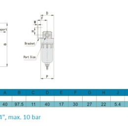filtr vzduchu G 1/4", max. 10 bar - rozměry