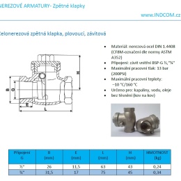 celonerezová zpětná klapka, plovoucí, závitová | 1”