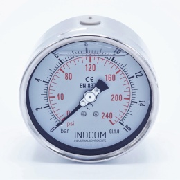 celonerezový tlakoměr se zadním (axiálním) připojením, rozsah měření 0-16 bar, číselník 100 mm