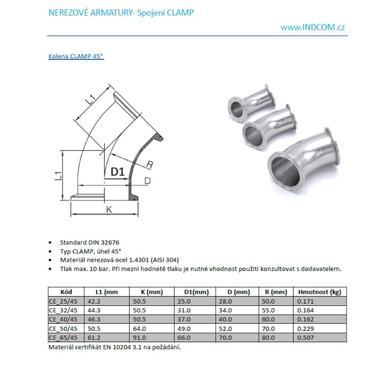 Koleno clamp 45°| DN32 (34x1,5mm / clamp límec 50,5mm)