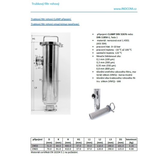 Trubkový filtr rohový CLAMP připojení DN65 (clamp límeček 91 mm)