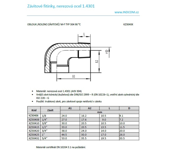datasheet k závitovému kolenu 3/4"
