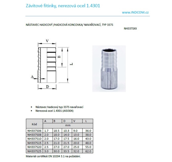 varné hadicové nástavce, typ 337S_katalogový list