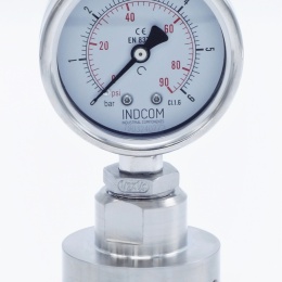 celonerezový tlakoměr s oddělovací membránou, číselník 63 mm, clamp, límeček 64 mm, 0-6 bar