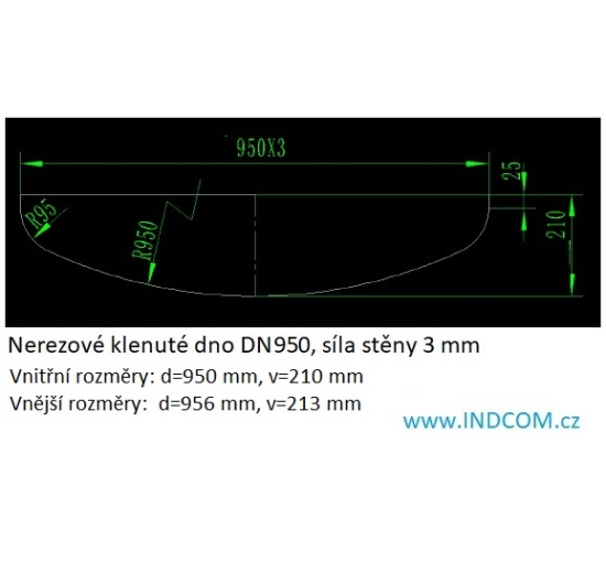 Nerezové klenuté dno| DN950 (956x3 mm) - rozměry