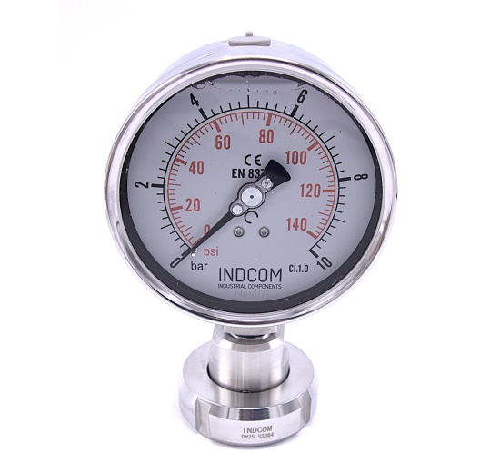 Tlakoměr s oddělovací membránou, potravinářské šroubení DIN 11851, číselník 100 mm,matice DN25, 0-2,5 bar