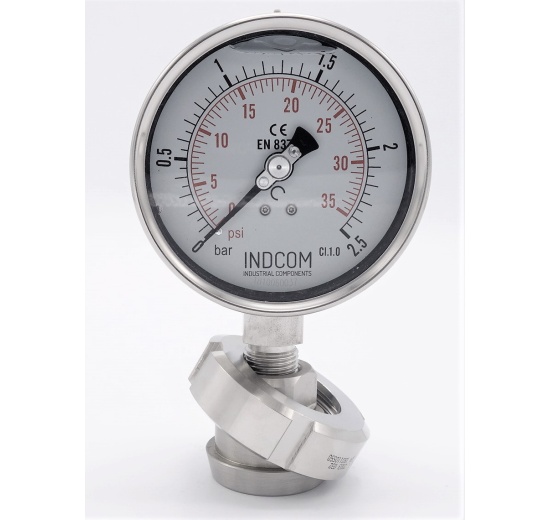 Tlakoměr s oddělovací membránou, potravinářské šroubení DIN 11851, číselník 100 mm,matice DN32, 0-2,5 bar
