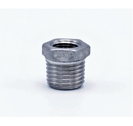 nerezová redukce se šestihranem, vnější závit kuželový 1/4", vnitřní závit válcový 1/8", závitová fitinka