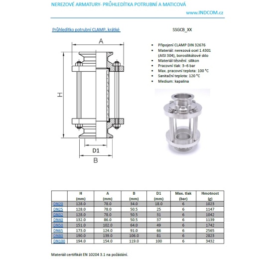 Průhledítko potrubní DN32, CLAMP připojení dle DIN 32676