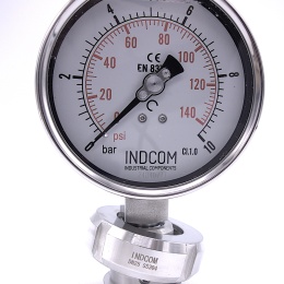 Tlakoměr s oddělovací membránou, potravinářské šroubení DIN 11851, číselník 100 mm,matice DN25, 0-2,5 bar
