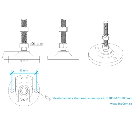 Stavitelné nohy kloubové celonerezové D100 M20 100mmm