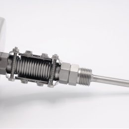 Celonerezový bimetalový teploměr s ponorným dříkem, závitový, úhlový přípoj