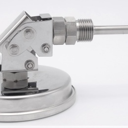 Celonerezový bimetalový teploměr s ponorným dříkem, závitový, úhlový přípoj