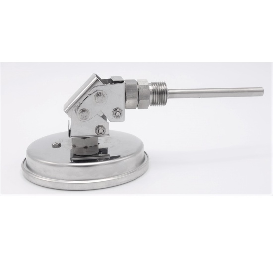 Celonerezový bimetalový teploměr s ponorným dříkem, závitový, úhlový přípoj