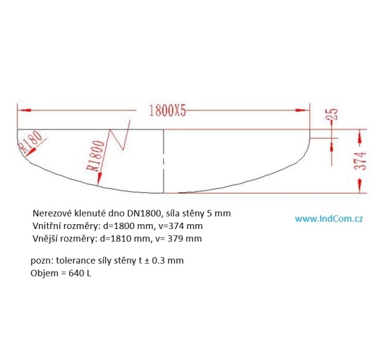 Nerezové klenuté dno DN1800- vnější průměr 1809 mm, síla stěny 4.5 mm