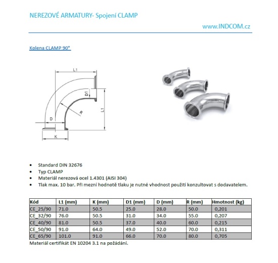 Koleno clamp 90°| DN25 (28x1,5mm / clamp límec 50,5mm)