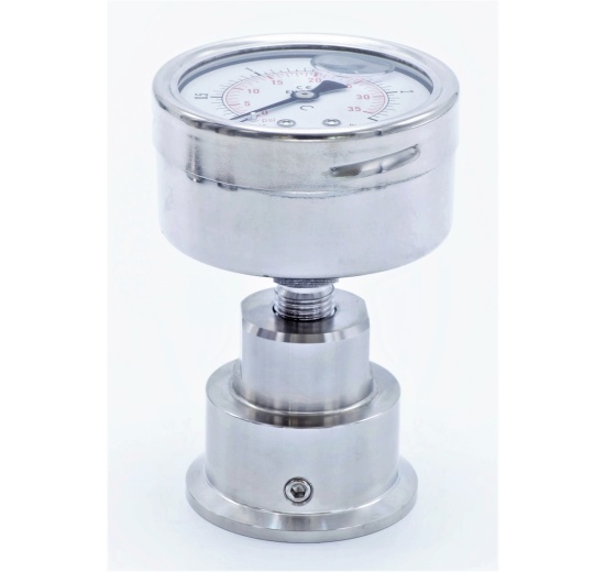 celonerezový tlakoměr s oddělovací membránou clamp (límeček 50,5 mm), číselník 63 mm, zadní připojení, rozsah měření 0-2.5 bar