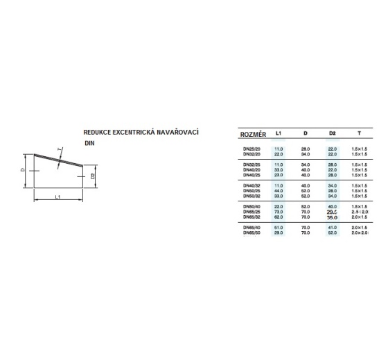Redukce excentrická, navařovací, krátká  DN65/50